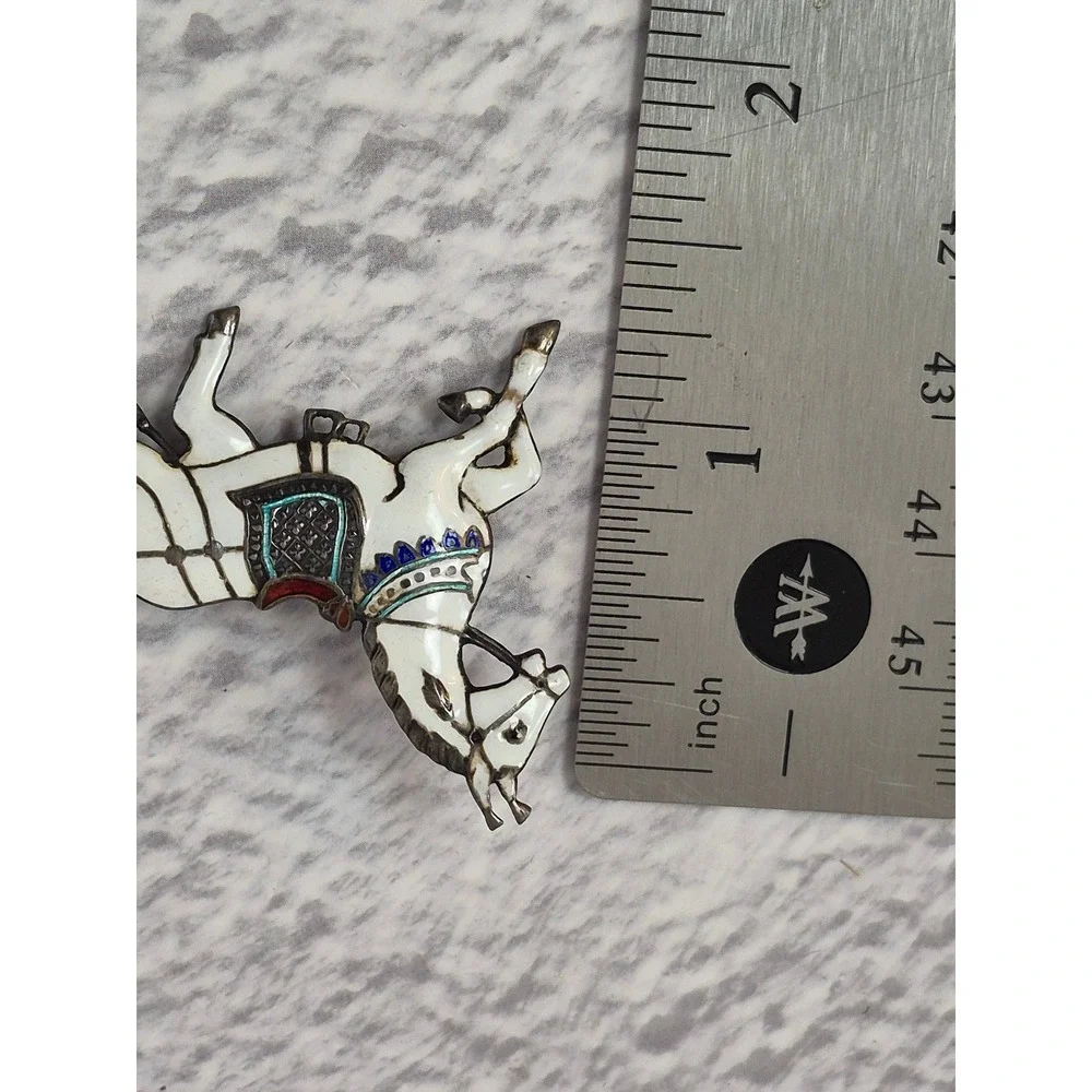 Vintage Siam Silver Enamel White Horse Equestrian Brooch Pin Sterling Silver